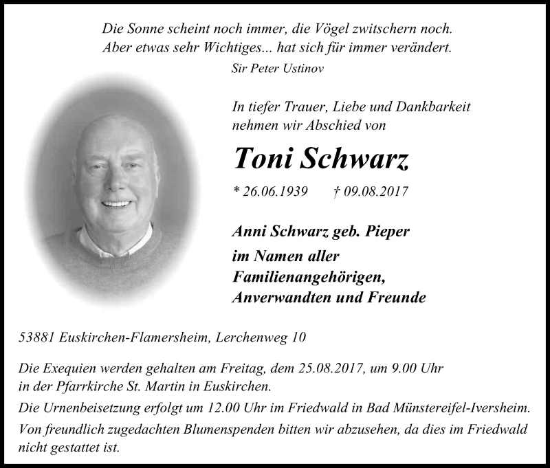  Traueranzeige für Toni Schwarz vom 19.08.2017 aus Kölner Stadt-Anzeiger / Kölnische Rundschau / Express