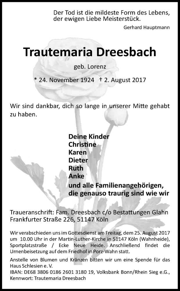  Traueranzeige für Trautemaria Dreesbach vom 19.08.2017 aus Kölner Stadt-Anzeiger / Kölnische Rundschau / Express