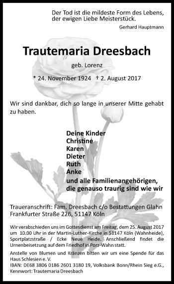 Anzeige von Trautemaria Dreesbach von  Kölner Wochenspiegel 