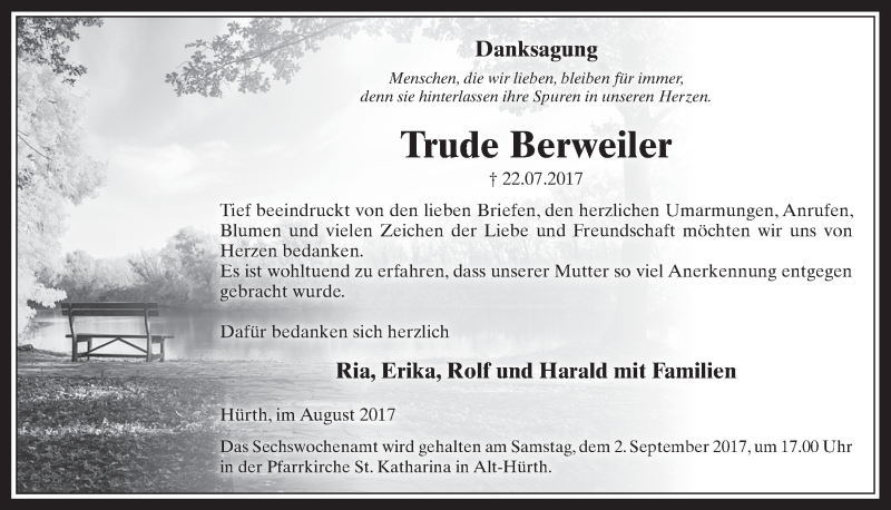  Traueranzeige für Trude Berweiler vom 23.08.2017 aus  Wochenende 
