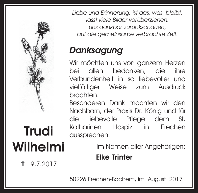  Traueranzeige für Trudi Wilhelmi vom 23.08.2017 aus  Wochenende 