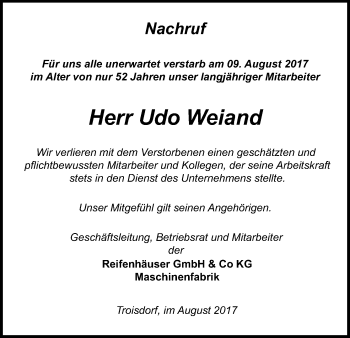 Anzeige von Udo Weiand von Kölner Stadt-Anzeiger / Kölnische Rundschau / Express
