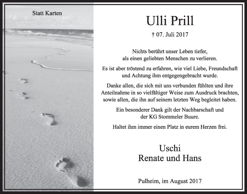  Traueranzeige für Ulli Prill vom 12.08.2017 aus  Sonntags-Post 