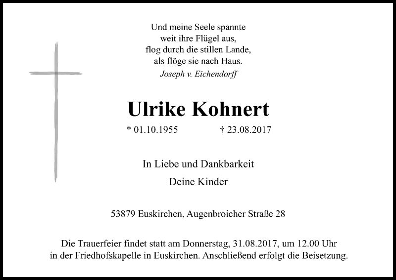  Traueranzeige für Ulrike Kohnert vom 26.08.2017 aus Kölner Stadt-Anzeiger / Kölnische Rundschau / Express