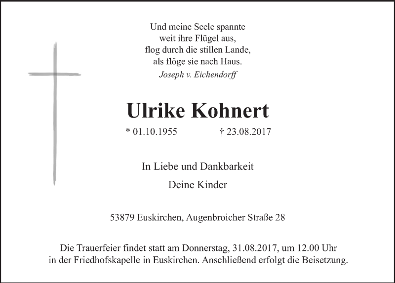  Traueranzeige für Ulrike Kohnert vom 26.08.2017 aus  Blickpunkt Euskirchen 