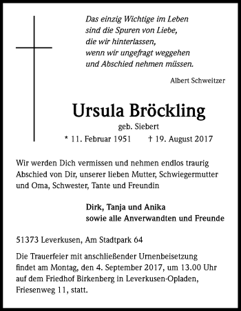 Anzeige von Ursula Bröckling von Kölner Stadt-Anzeiger / Kölnische Rundschau / Express