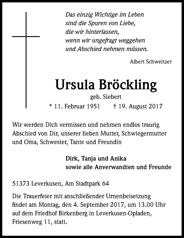  Traueranzeige für Ursula Bröckling vom 26.08.2017 aus Kölner Stadt-Anzeiger / Kölnische Rundschau / Express