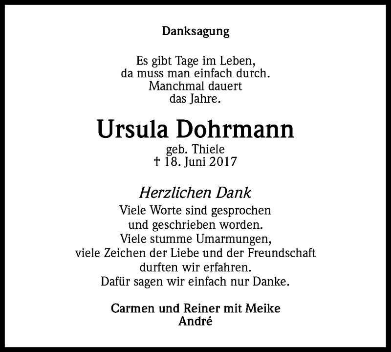  Traueranzeige für Ursula Dohrmann vom 25.08.2017 aus Kölner Stadt-Anzeiger / Kölnische Rundschau / Express