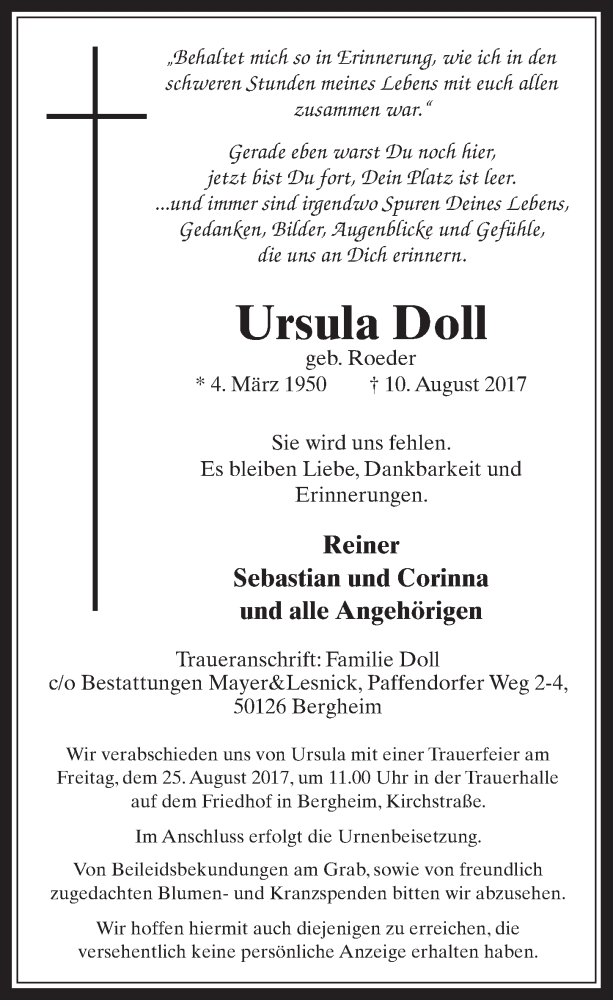  Traueranzeige für Ursula Doll vom 23.08.2017 aus  Werbepost 