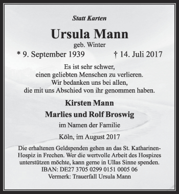 Anzeige von Ursula Mann von  Sonntags-Post 