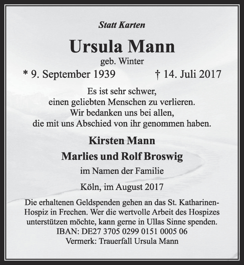  Traueranzeige für Ursula Mann vom 05.08.2017 aus  Sonntags-Post 