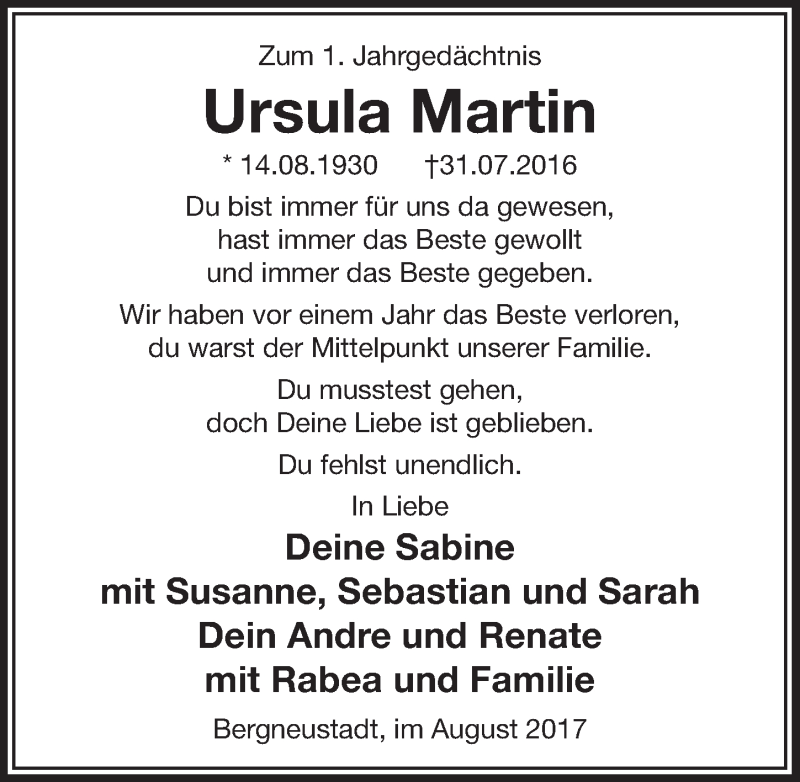  Traueranzeige für Ursula Martin vom 02.08.2017 aus  Anzeigen Echo 