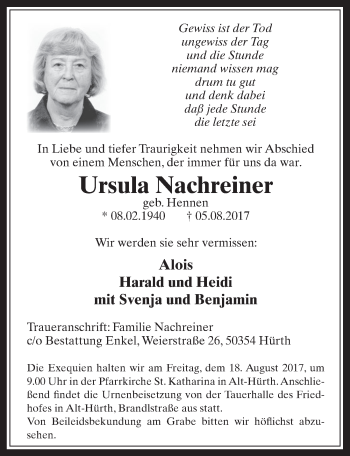 Anzeige von Ursula Nachreiner von  Wochenende 