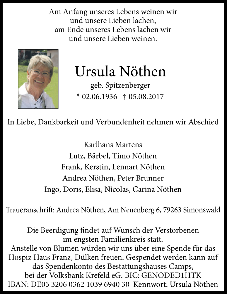  Traueranzeige für Ursula Nöthen vom 12.08.2017 aus Kölner Stadt-Anzeiger / Kölnische Rundschau / Express