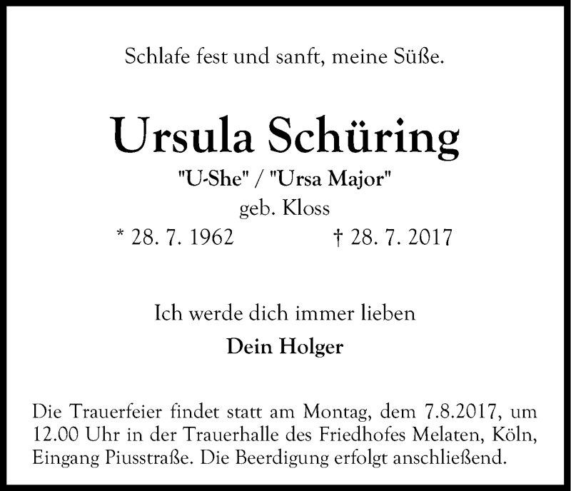  Traueranzeige für Ursula Schüring vom 03.08.2017 aus Kölner Stadt-Anzeiger / Kölnische Rundschau / Express