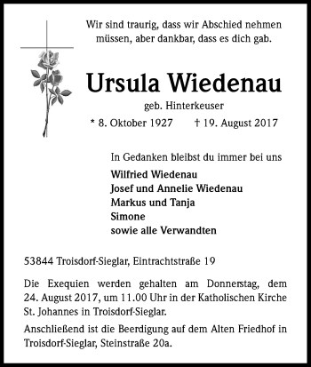 Anzeige von Ursula Wiedenau von Kölner Stadt-Anzeiger / Kölnische Rundschau / Express