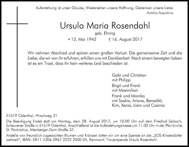  Traueranzeige für Ursula maria Rosendahl vom 23.08.2017 aus Kölner Stadt-Anzeiger / Kölnische Rundschau / Express