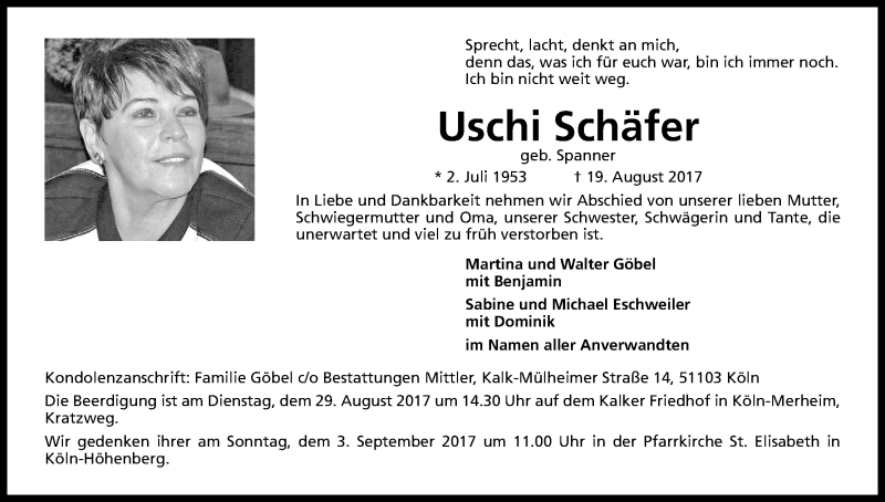  Traueranzeige für Uschi Schäfer vom 24.08.2017 aus Kölner Stadt-Anzeiger / Kölnische Rundschau / Express