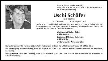 Anzeige von Uschi Schäfer von Kölner Stadt-Anzeiger / Kölnische Rundschau / Express