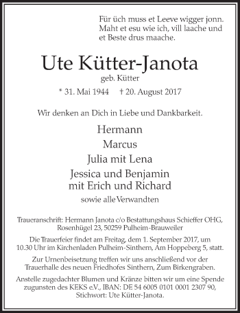 Anzeige von Ute Kütter-Janota von  Sonntags-Post 