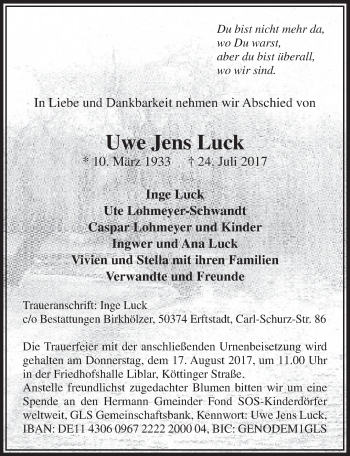 Anzeige von Uwe Jens Luck von  Sonntags-Post 