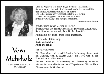 Anzeige von Vera Mehrholz von Kölner Stadt-Anzeiger / Kölnische Rundschau / Express