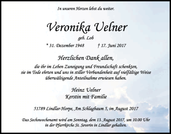 Anzeige von Veronika Uelner von Kölner Stadt-Anzeiger / Kölnische Rundschau / Express