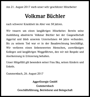 Anzeige von Volkmar Büchler von Kölner Stadt-Anzeiger / Kölnische Rundschau / Express