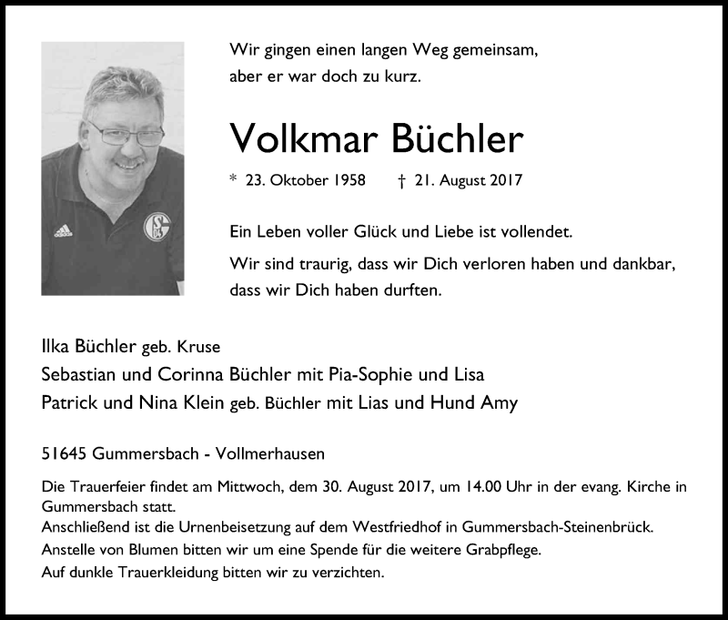  Traueranzeige für Volkmar Büchler vom 26.08.2017 aus Kölner Stadt-Anzeiger / Kölnische Rundschau / Express