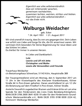 Anzeige von Walburga Weidacher von Kölner Stadt-Anzeiger / Kölnische Rundschau / Express