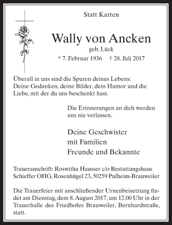 Anzeige von Wally von Ancken von  Wochenende 