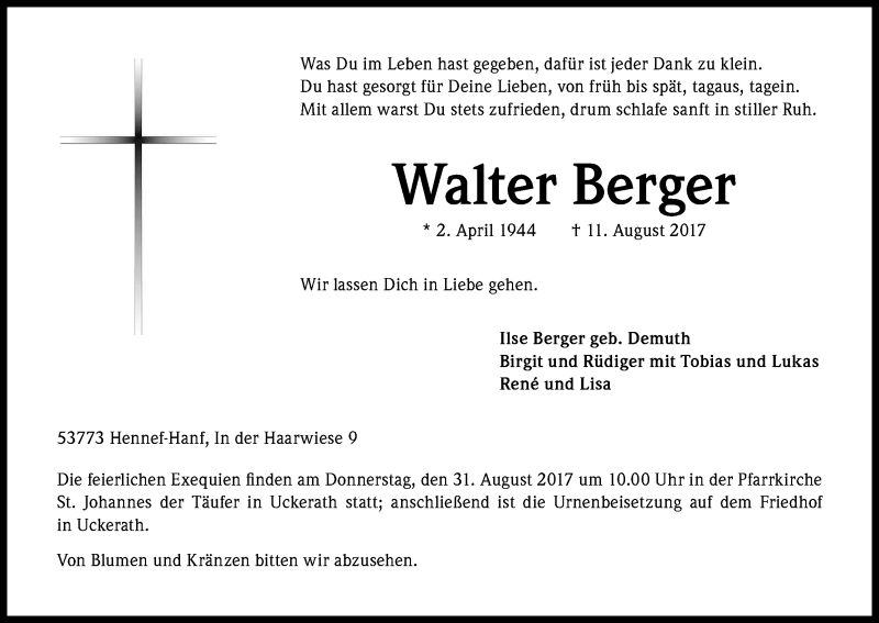  Traueranzeige für Walter Berger vom 16.08.2017 aus Kölner Stadt-Anzeiger / Kölnische Rundschau / Express