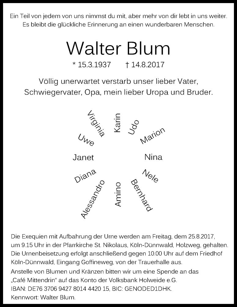 Traueranzeige für Walter Blum vom 19.08.2017 aus Kölner Stadt-Anzeiger / Kölnische Rundschau / Express