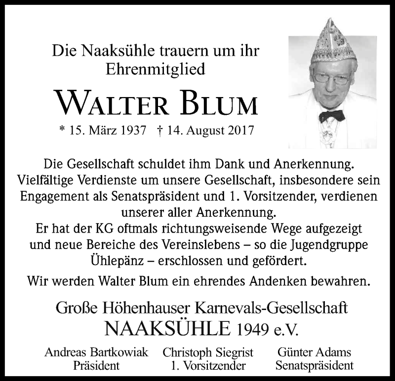  Traueranzeige für Walter Blum vom 19.08.2017 aus Kölner Stadt-Anzeiger / Kölnische Rundschau / Express