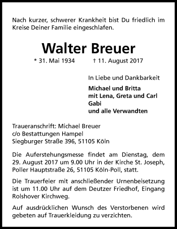 Anzeige von Walter Breuer von Kölner Stadt-Anzeiger / Kölnische Rundschau / Express