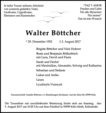 Anzeige von Walter Böttcher von Kölner Stadt-Anzeiger / Kölnische Rundschau / Express