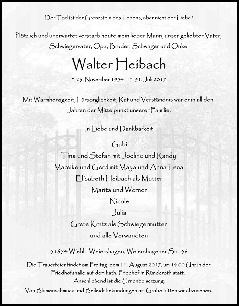  Traueranzeige für Walter Heibach vom 05.08.2017 aus Kölner Stadt-Anzeiger / Kölnische Rundschau / Express