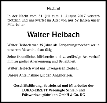 Anzeige von Walter Heibach von Kölner Stadt-Anzeiger / Kölnische Rundschau / Express