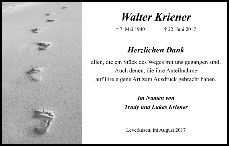  Traueranzeige für Walter Kriener vom 12.08.2017 aus Kölner Stadt-Anzeiger / Kölnische Rundschau / Express