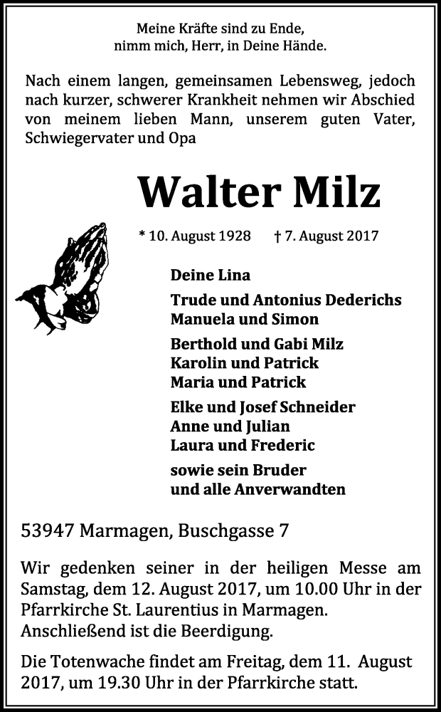  Traueranzeige für Walter Milz vom 09.08.2017 aus Kölner Stadt-Anzeiger / Kölnische Rundschau / Express