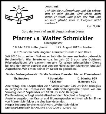 Anzeige von Walter Schmickler von Kölner Stadt-Anzeiger / Kölnische Rundschau / Express