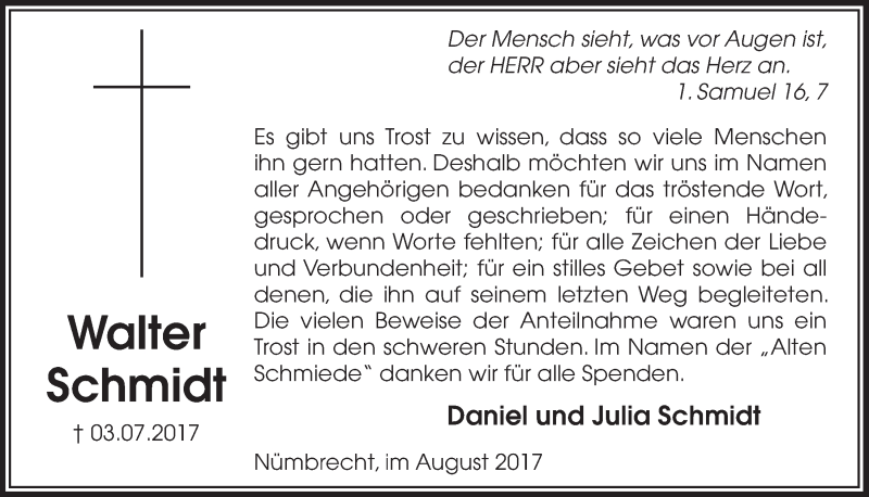  Traueranzeige für Walter Schmidt vom 30.08.2017 aus  Lokalanzeiger 