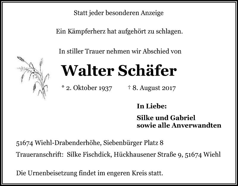  Traueranzeige für Walter Schäfer vom 12.08.2017 aus Kölner Stadt-Anzeiger / Kölnische Rundschau / Express