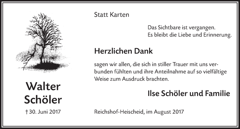  Traueranzeige für Walter Schöler vom 23.08.2017 aus  Anzeigen Echo 