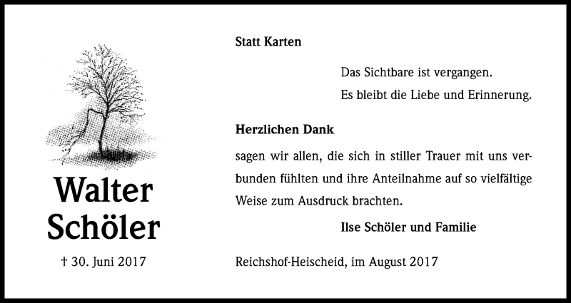  Traueranzeige für Walter Schöler vom 19.08.2017 aus Kölner Stadt-Anzeiger / Kölnische Rundschau / Express