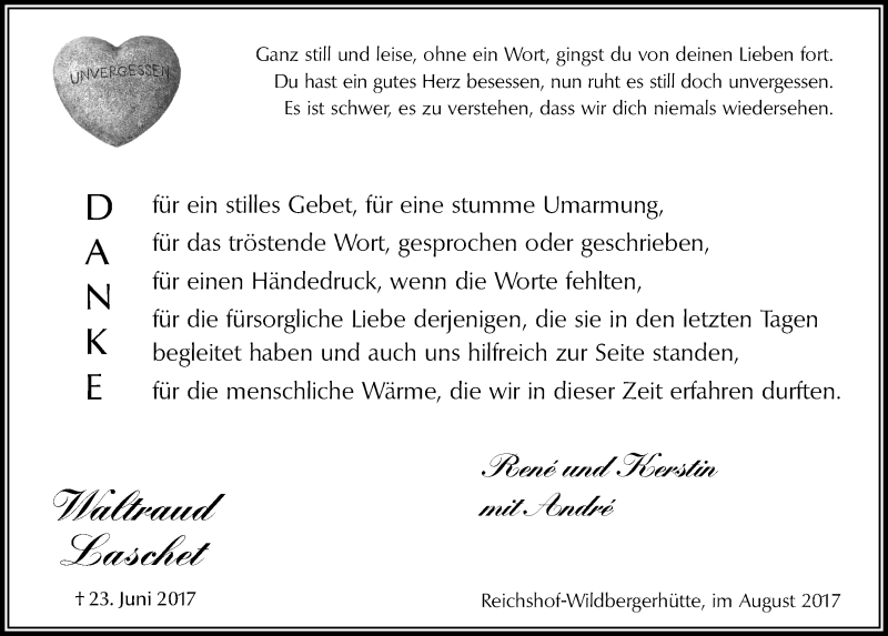  Traueranzeige für Waltraud Laschet vom 23.08.2017 aus  Lokalanzeiger 