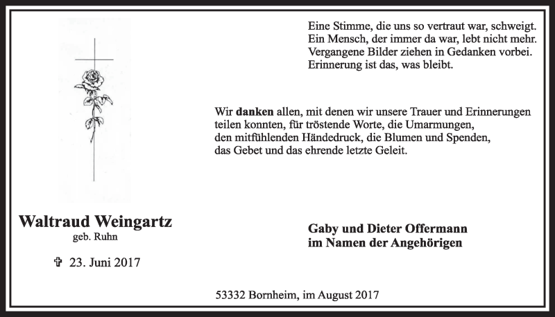  Traueranzeige für Waltraud Weingartz vom 09.08.2017 aus  Werbepost 