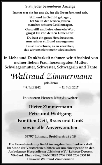 Anzeige von Waltraud Zimmermann von Kölner Stadt-Anzeiger / Kölnische Rundschau / Express