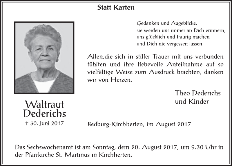  Traueranzeige für Waltraut Dederichs vom 09.08.2017 aus  Werbepost 