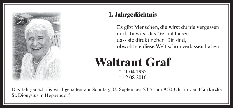  Traueranzeige für Waltraut Graf vom 30.08.2017 aus  Werbepost 